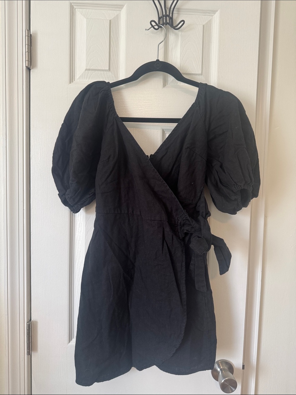 Abercrombie and Fitch Black Puff-Sleeve Wrap Blouse with Tie Waist